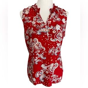 Talbots Red Paisley Sleeveless Gathered V-neck Blouse L